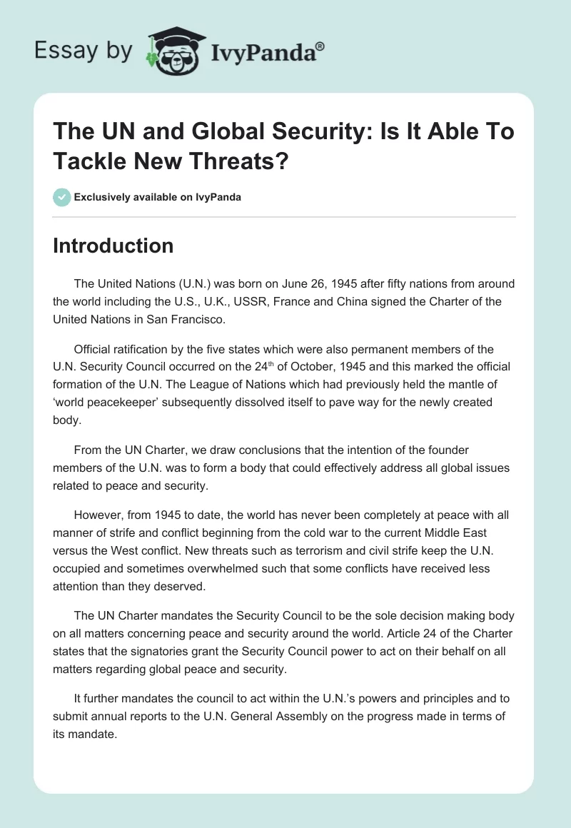 The UN and Global Security: Is It Able To Tackle New Threats?. Page 1