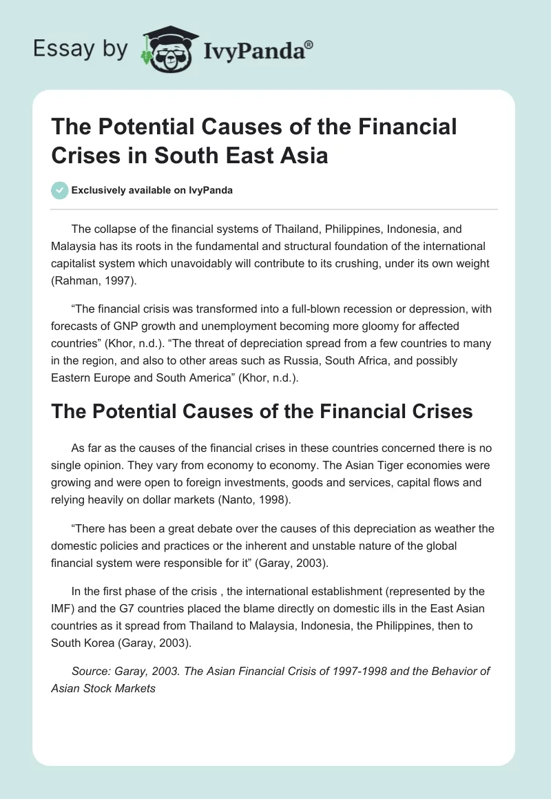 The Potential Causes of the Financial Crises in South East Asia. Page 1