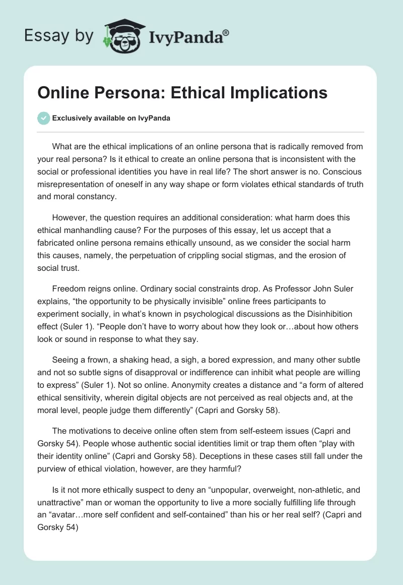 Online Persona: Ethical Implications. Page 1