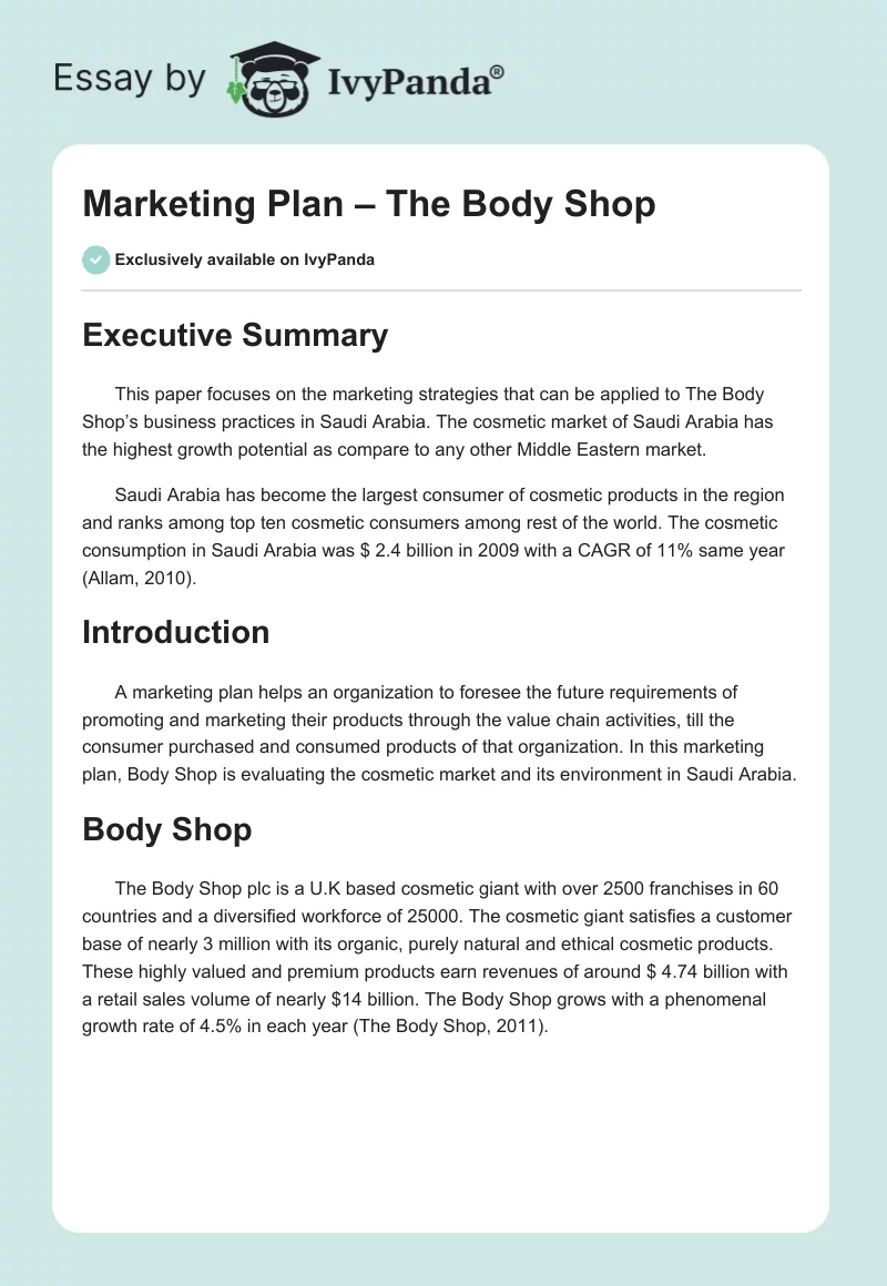 Marketing Plan – The Body Shop. Page 1