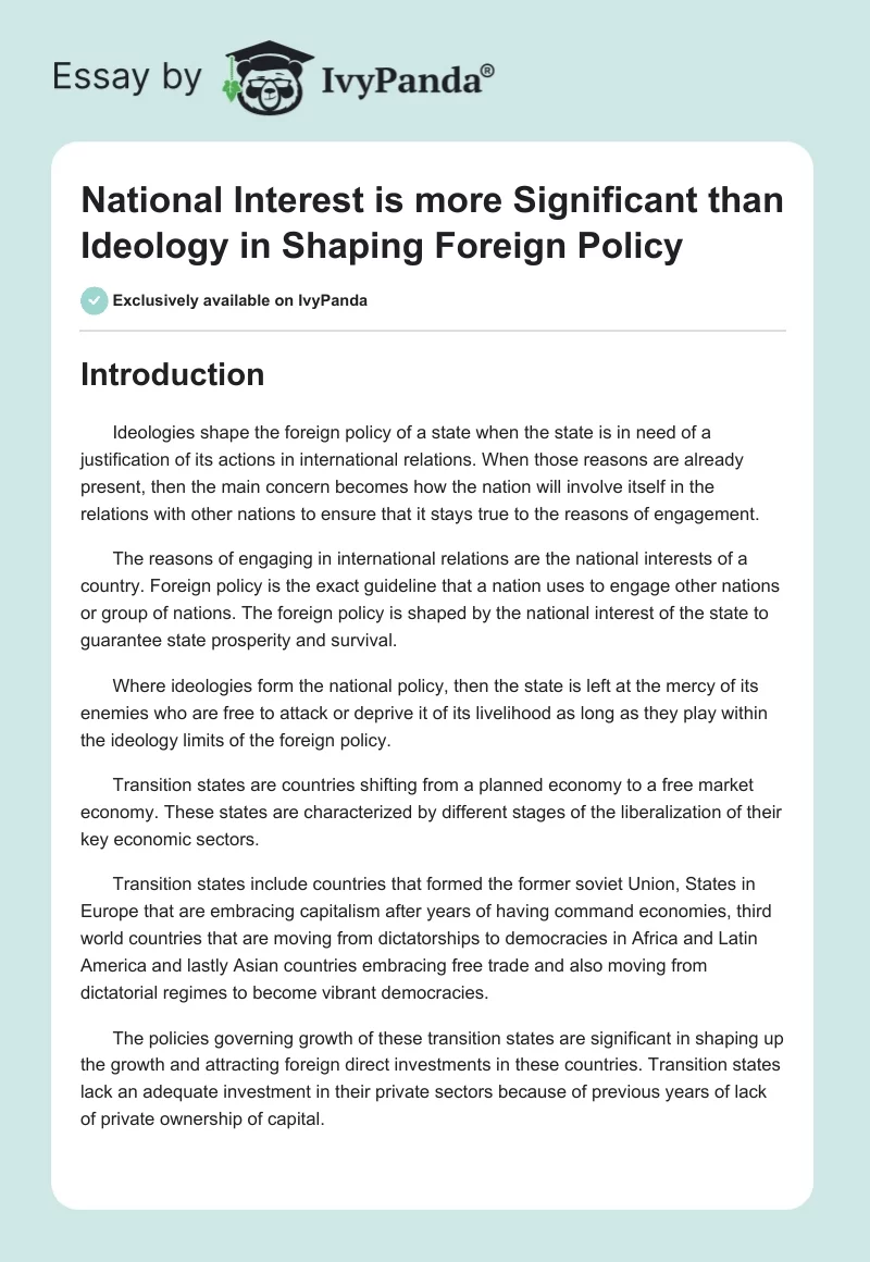 National Interest is more Significant than Ideology in Shaping Foreign Policy. Page 1