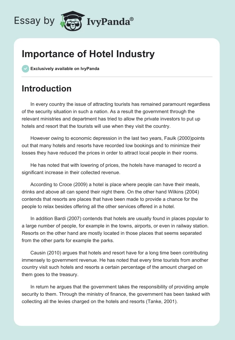 Importance of Hotel Industry. Page 1