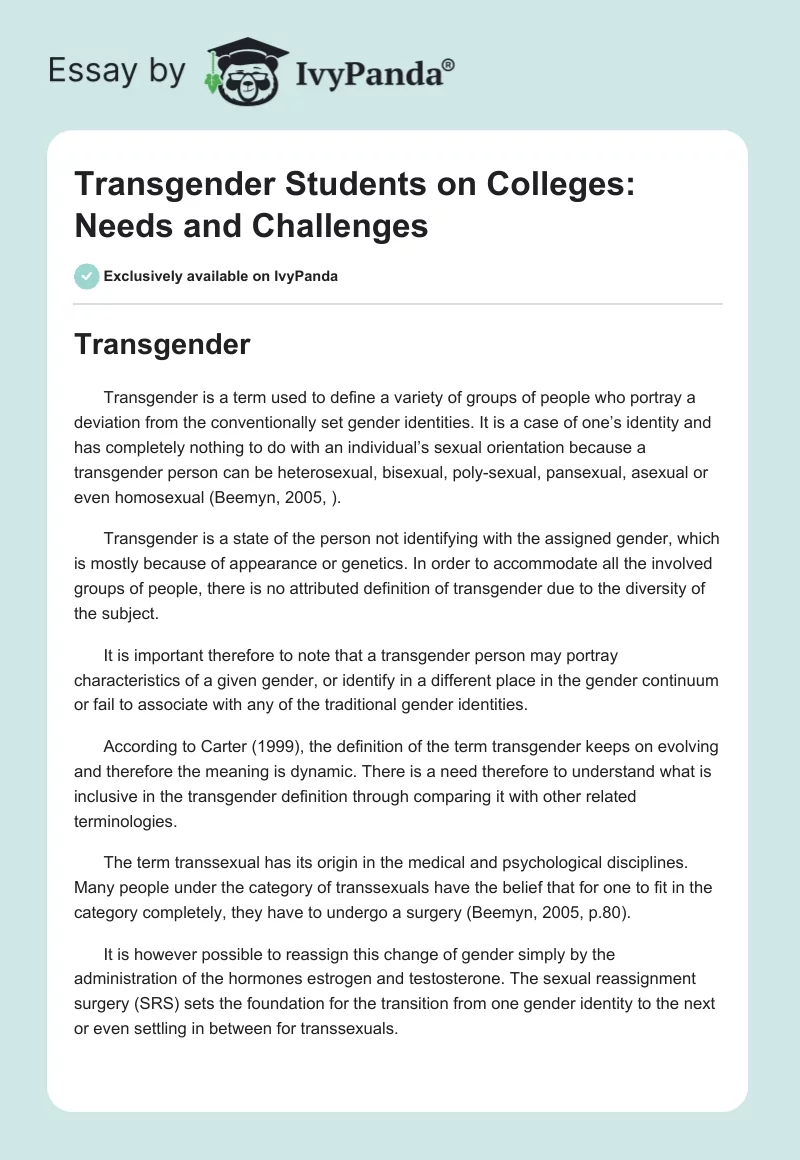 Transgender Students on Colleges: Needs and Challenges. Page 1