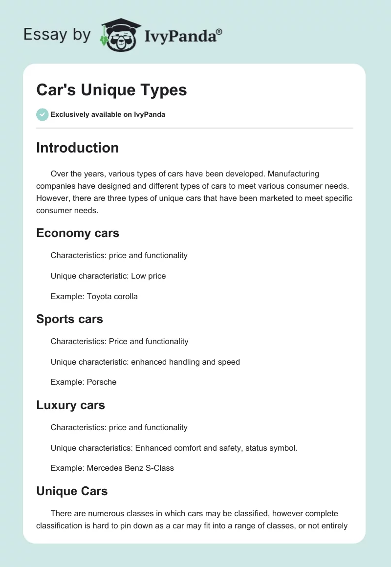 Car's Unique Types. Page 1