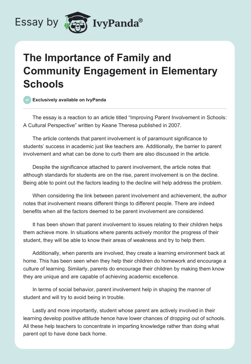 The Importance of Family and Community Engagement in Elementary Schools. Page 1