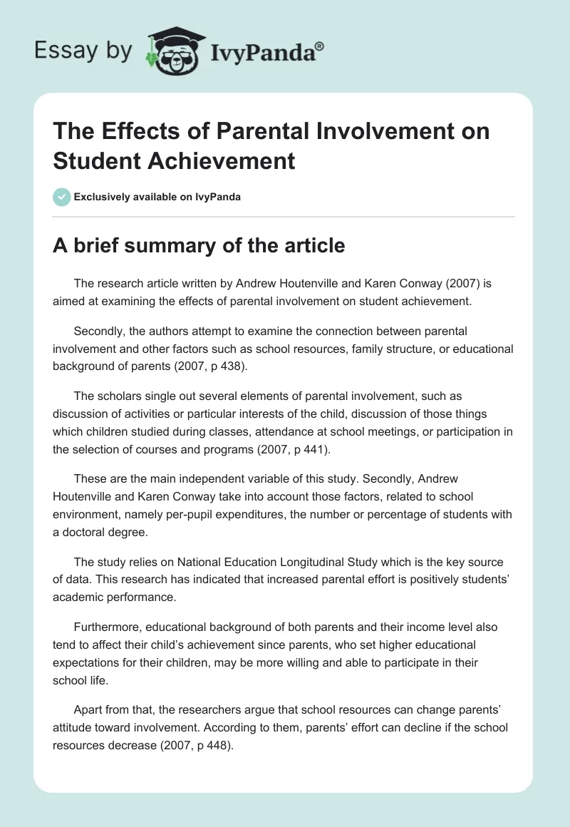 The Effects of Parental Involvement on Student Achievement. Page 1