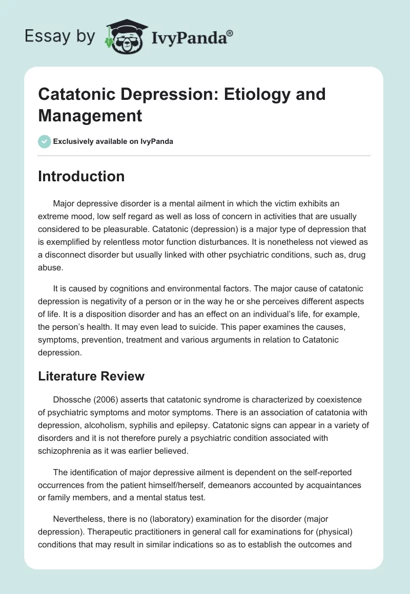 Catatonic Depression: Etiology and Management. Page 1