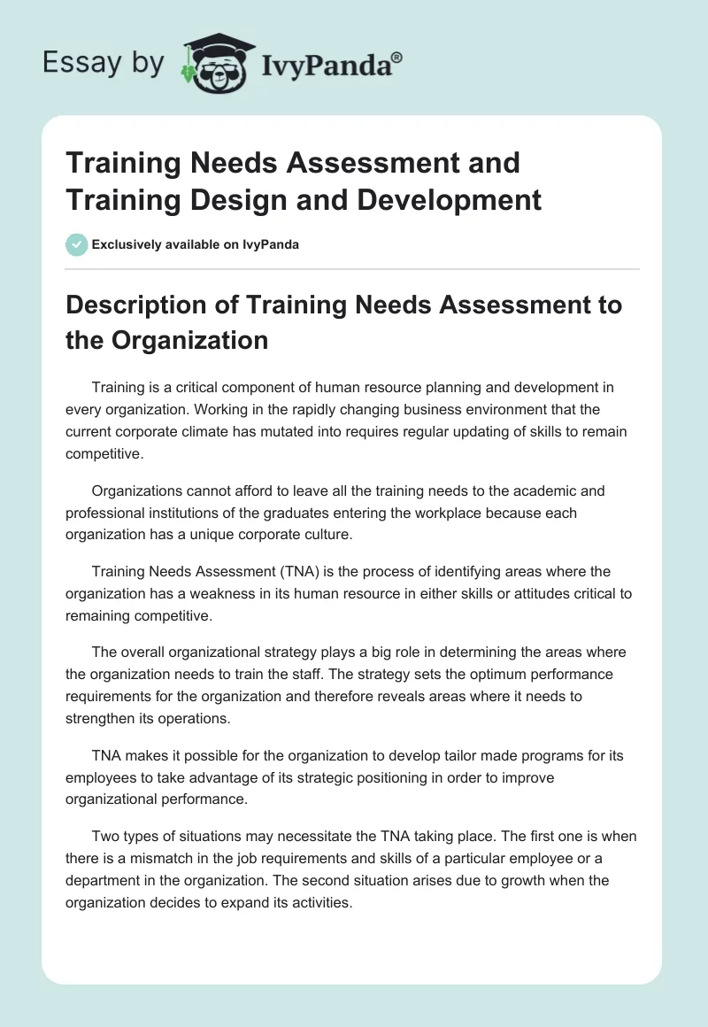 Training Needs Assessment and Training Design and Development. Page 1