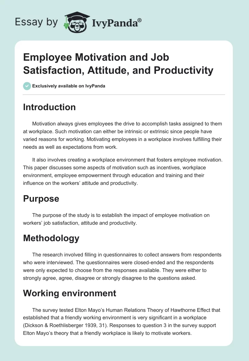 Employee Motivation and Job Satisfaction, Attitude, and Productivity. Page 1