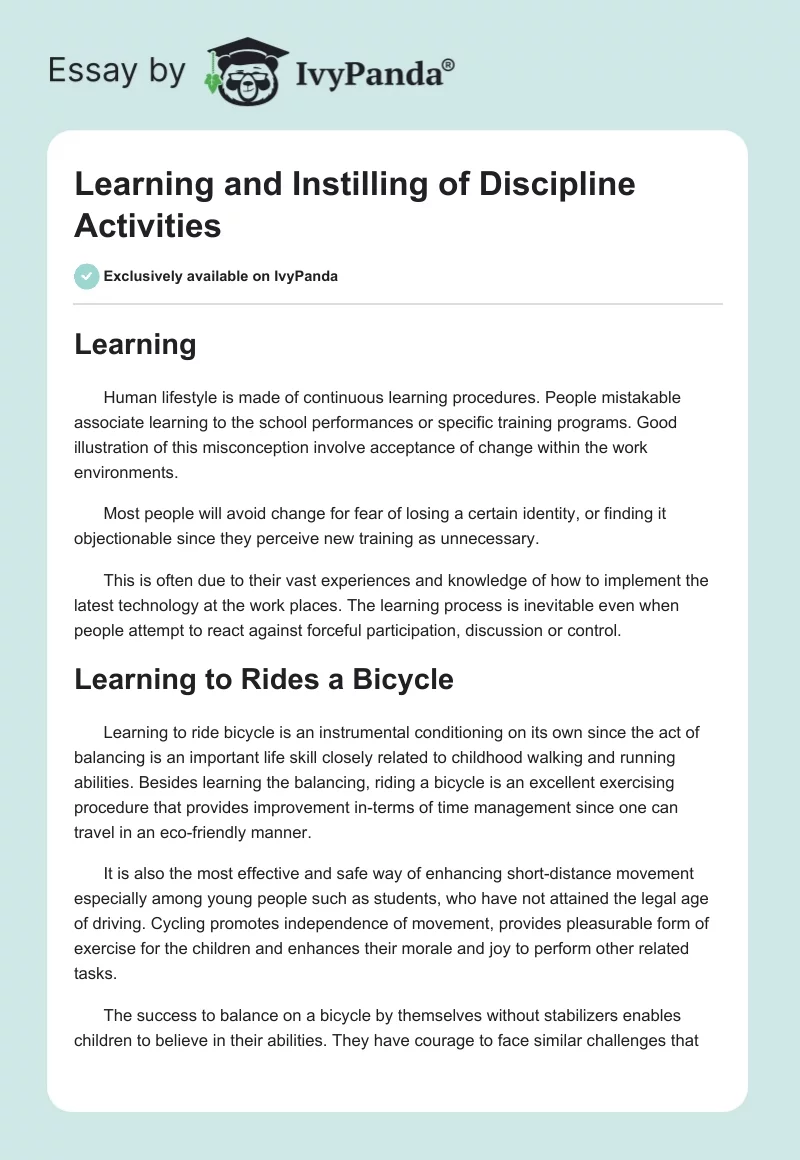 Learning and Instilling of Discipline Activities. Page 1