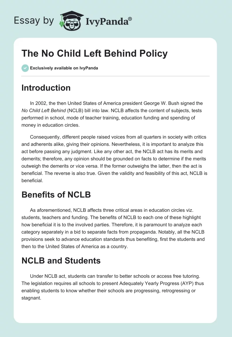 The No Child Left Behind Policy. Page 1