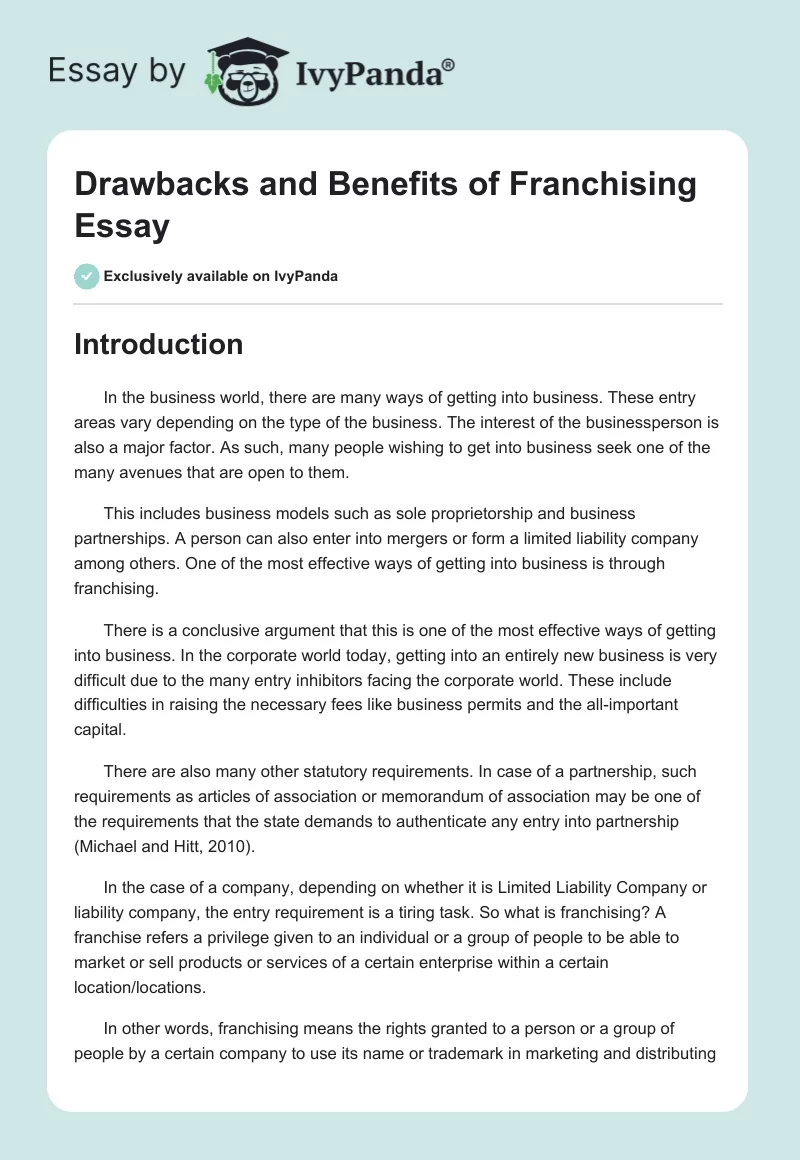 Drawbacks and Benefits of Franchising Essay. Page 1