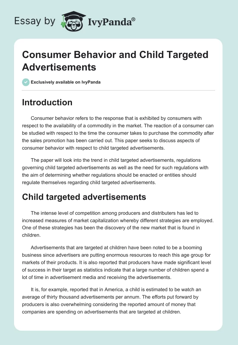 Consumer Behavior and Child Targeted Advertisements. Page 1
