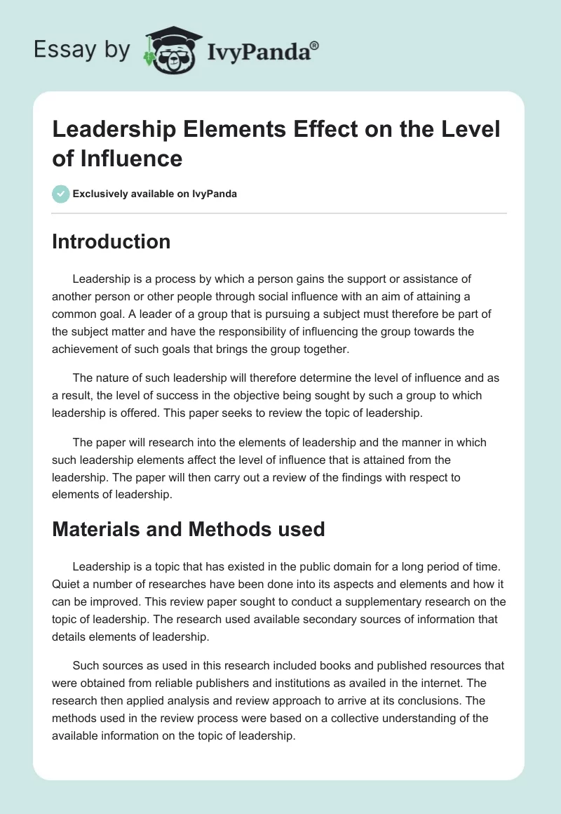 Leadership Elements Effect on the Level of Influence. Page 1