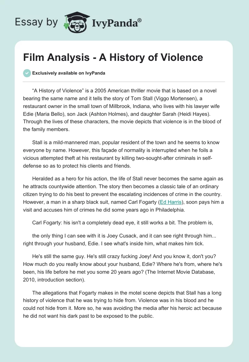 Film Analysis - "A History of Violence". Page 1
