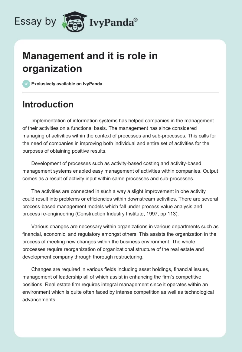 Management and it is role in organization. Page 1