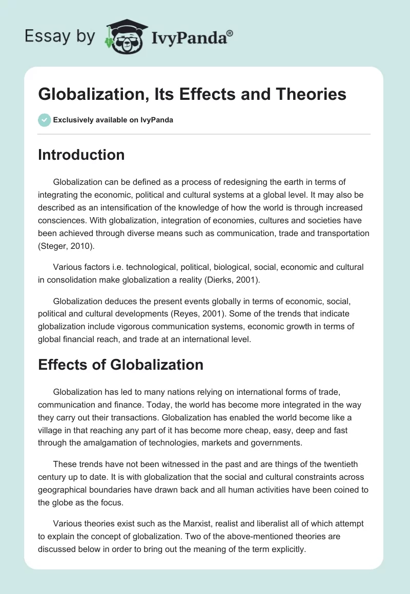 Globalization, Its Effects and Theories. Page 1