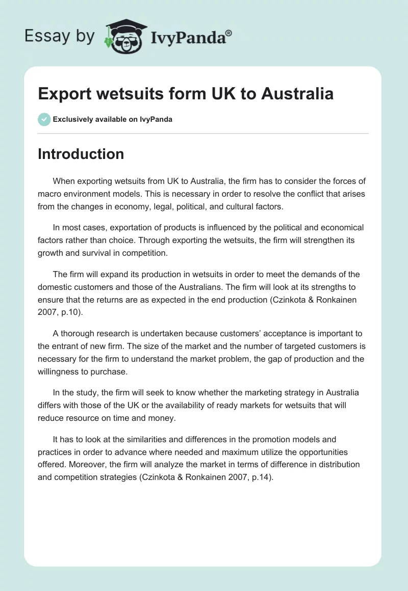 Export wetsuits form UK to Australia. Page 1
