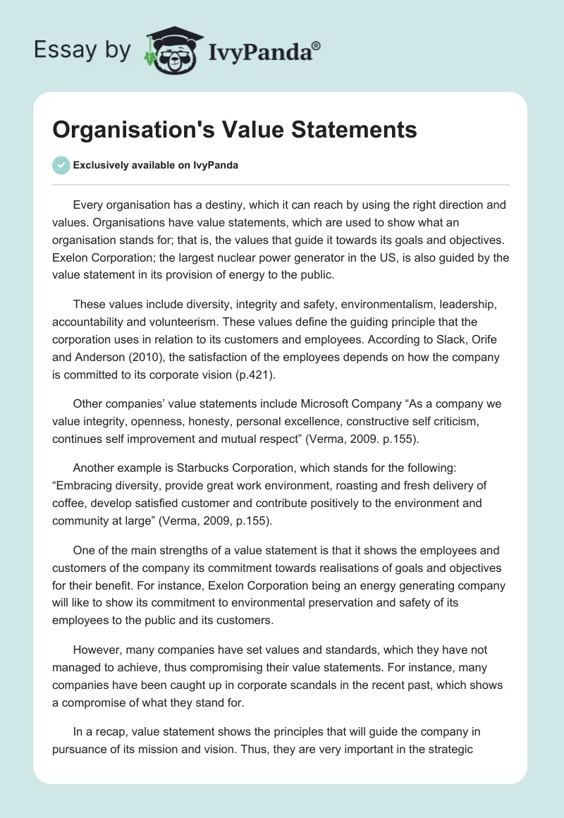 Organisation's Value Statements. Page 1