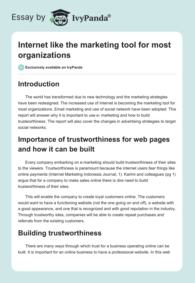 Internet like the marketing tool for most organizations. Page 1