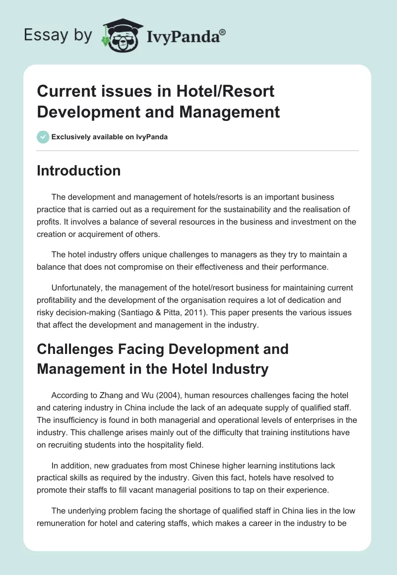 Current issues in Hotel/Resort Development and Management. Page 1
