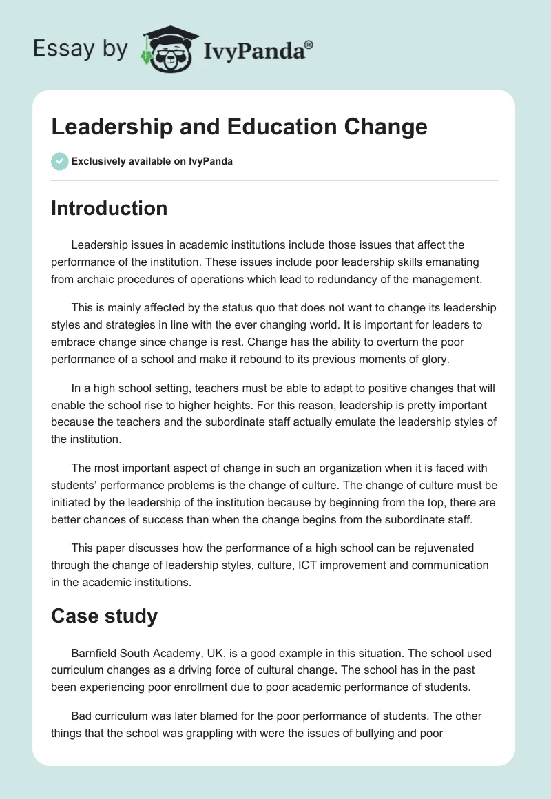 Leadership and Education Change. Page 1