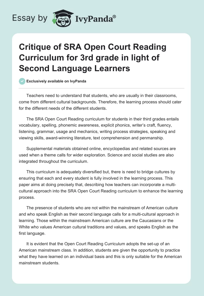 Critique of SRA Open Court Reading Curriculum for 3rd Grade in Light of Second Language Learners. Page 1