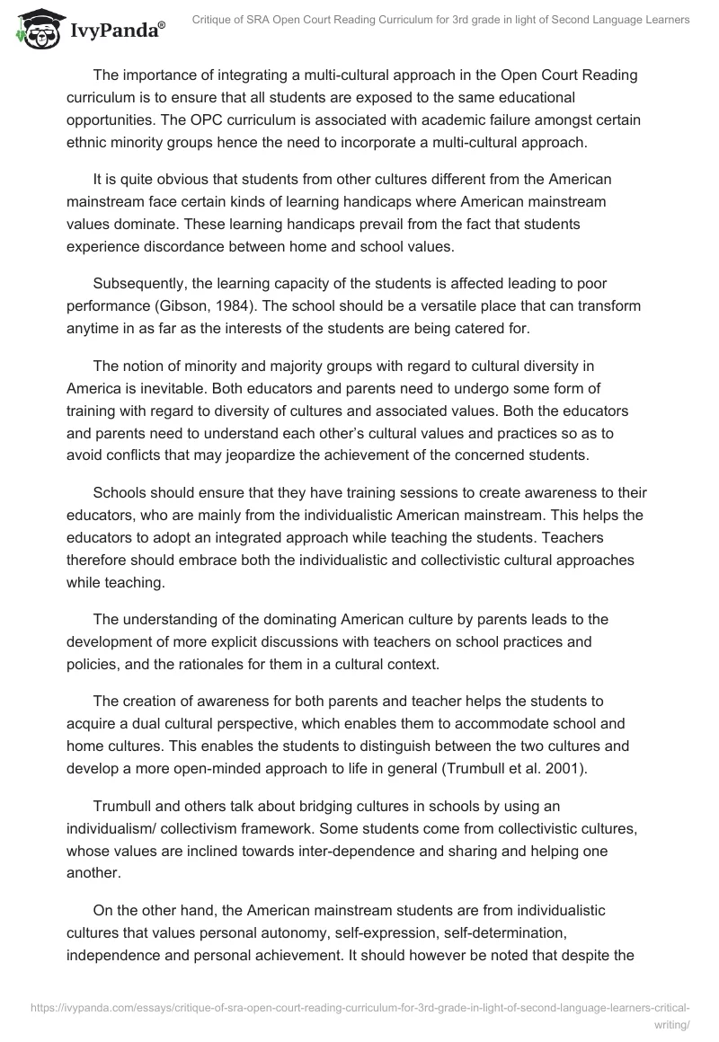 Critique of SRA Open Court Reading Curriculum for 3rd Grade in Light of Second Language Learners. Page 2