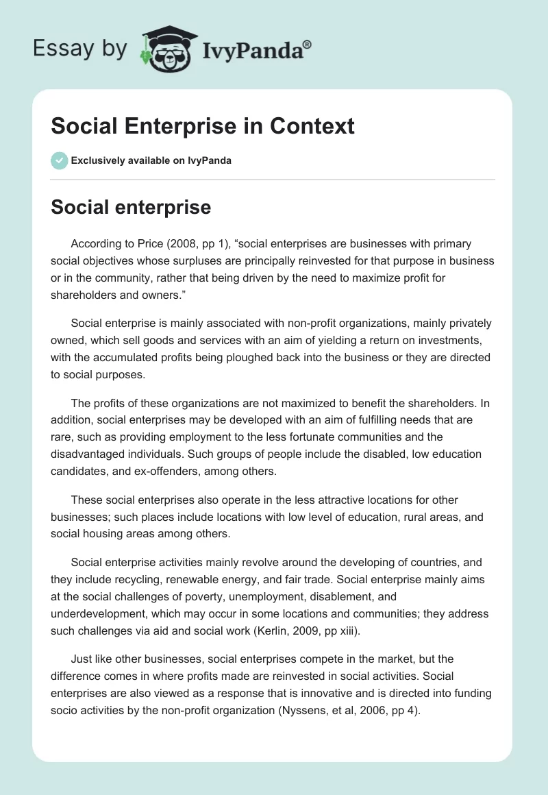 Social Enterprise in Context. Page 1