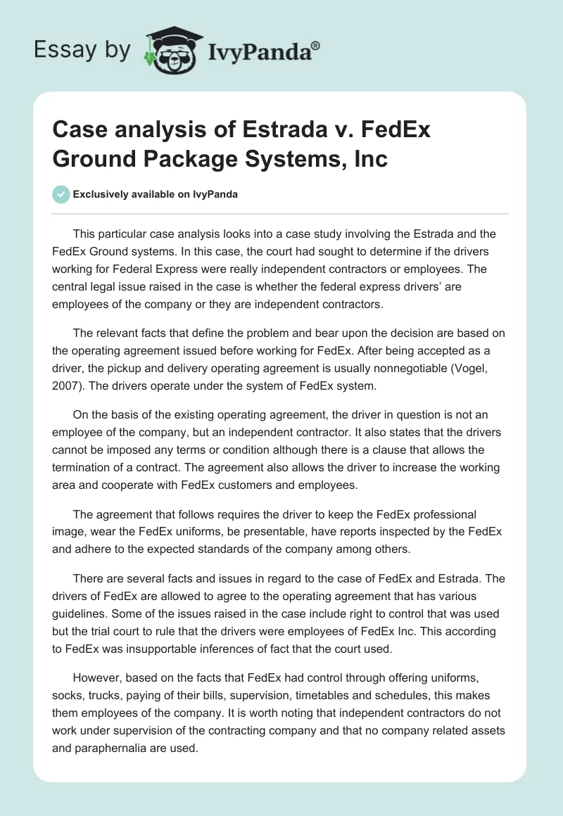 Case analysis of Estrada v. FedEx Ground Package Systems, Inc. Page 1
