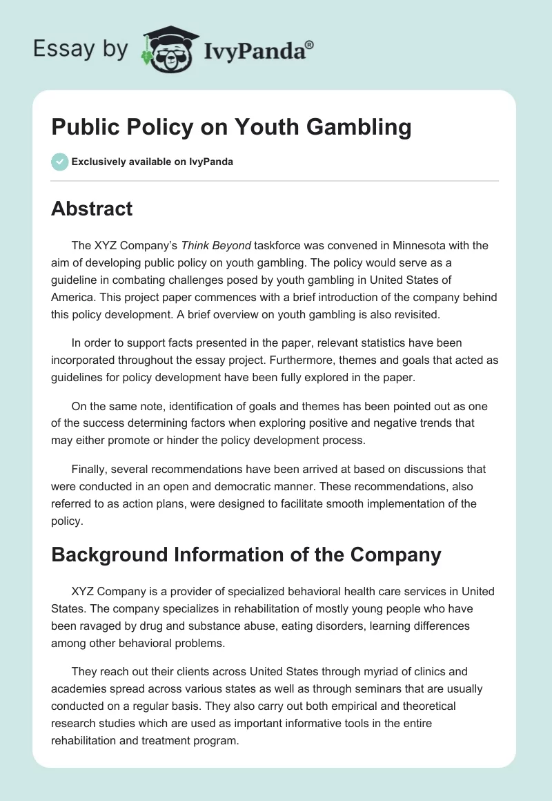 Public Policy on Youth Gambling. Page 1