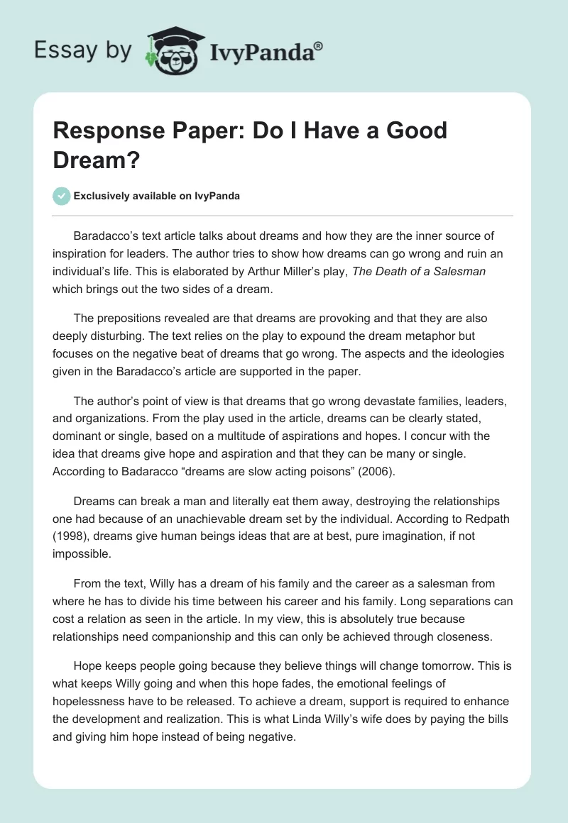 Response Paper: "Do I Have a Good Dream?". Page 1
