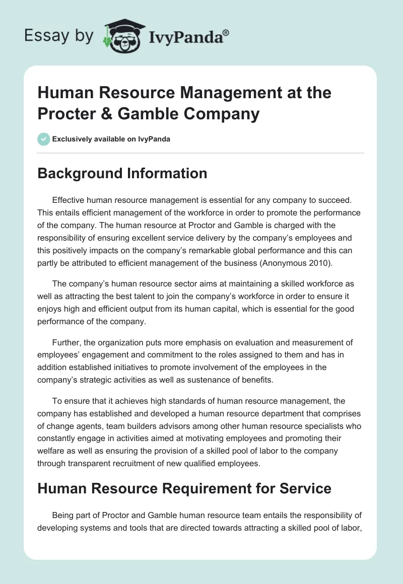 Human Resource Management at the Procter & Gamble Company. Page 1