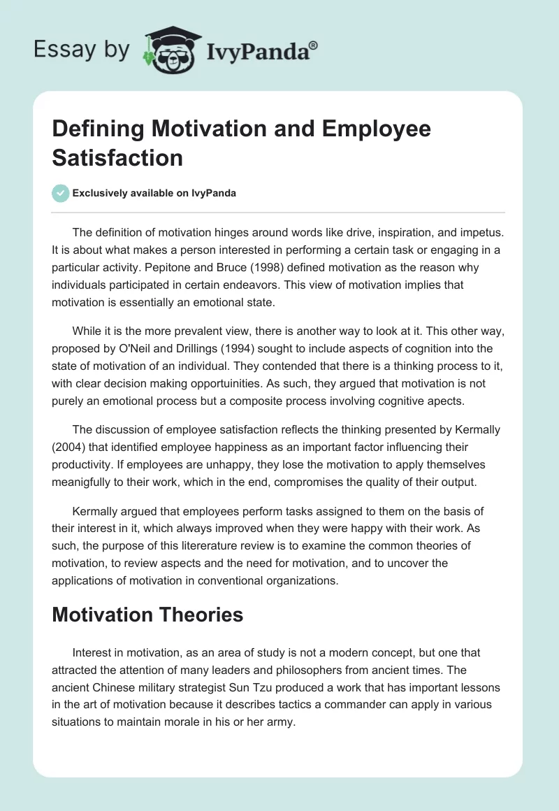 Defining Motivation and Employee Satisfaction. Page 1