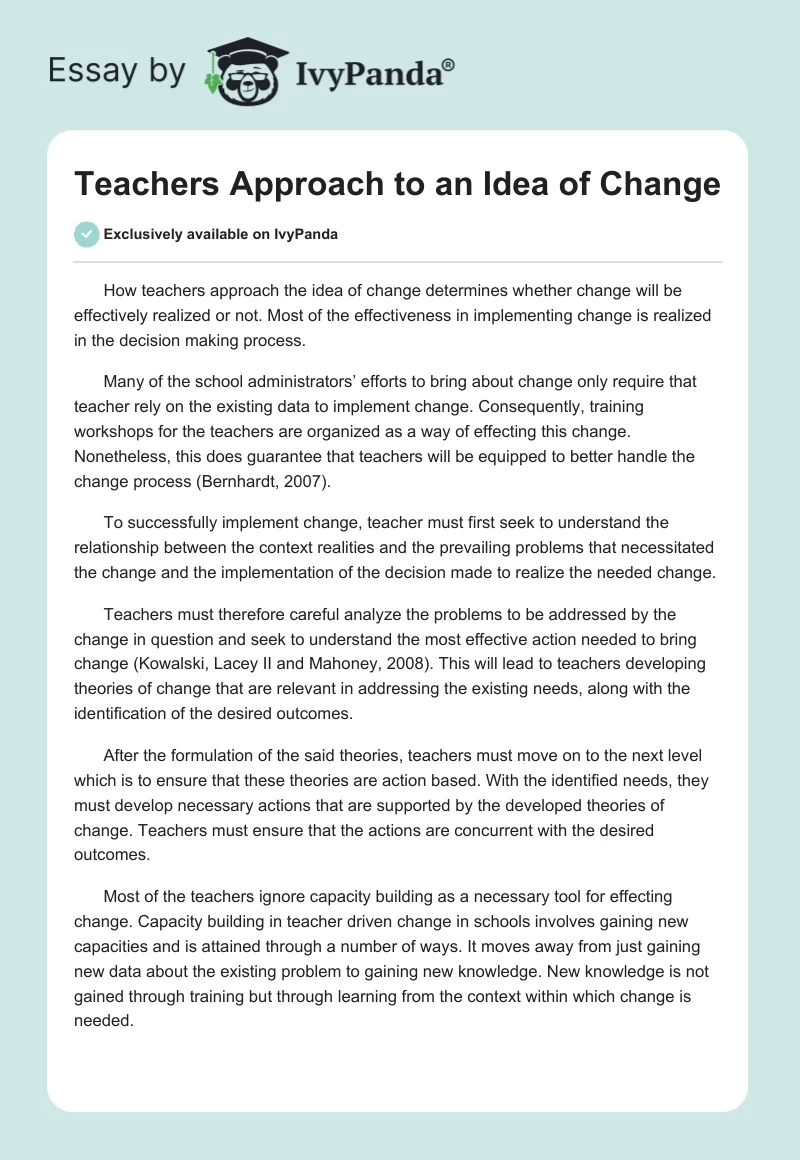 Teachers Approach to an Idea of Change. Page 1