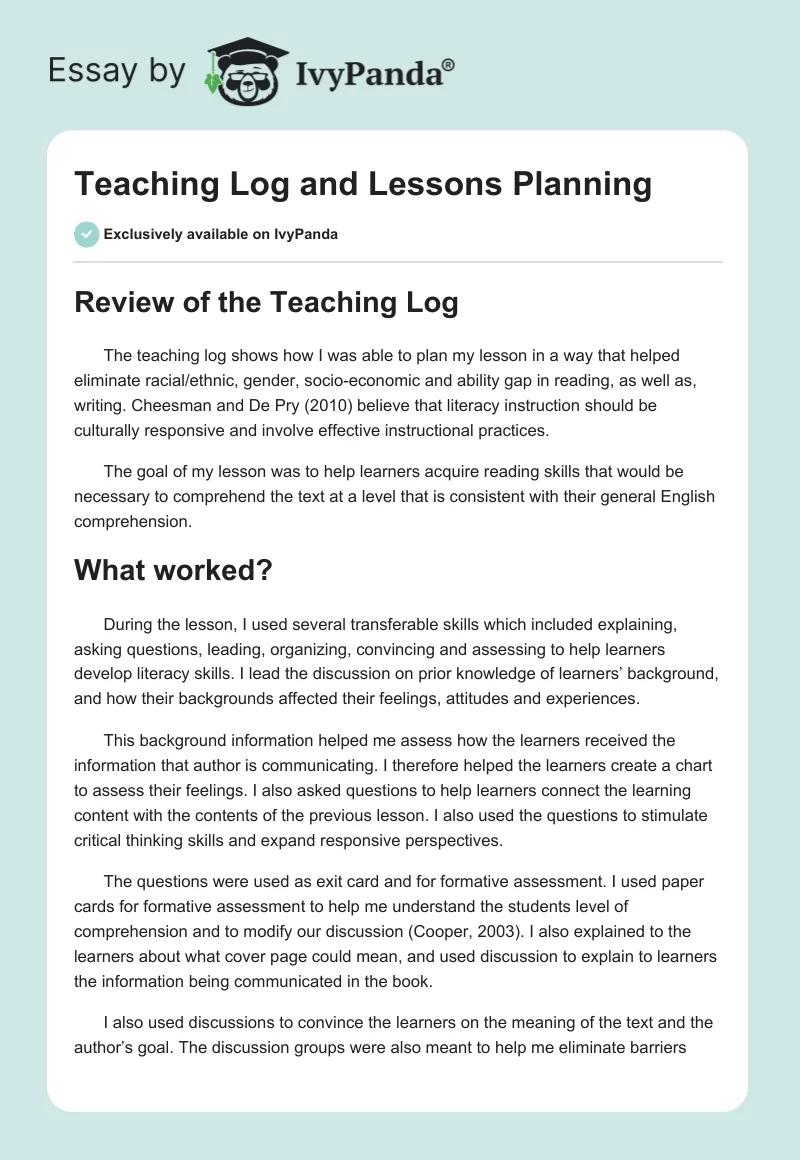Teaching Log and Lessons Planning. Page 1