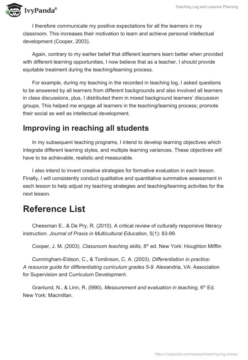 Teaching Log and Lessons Planning. Page 4