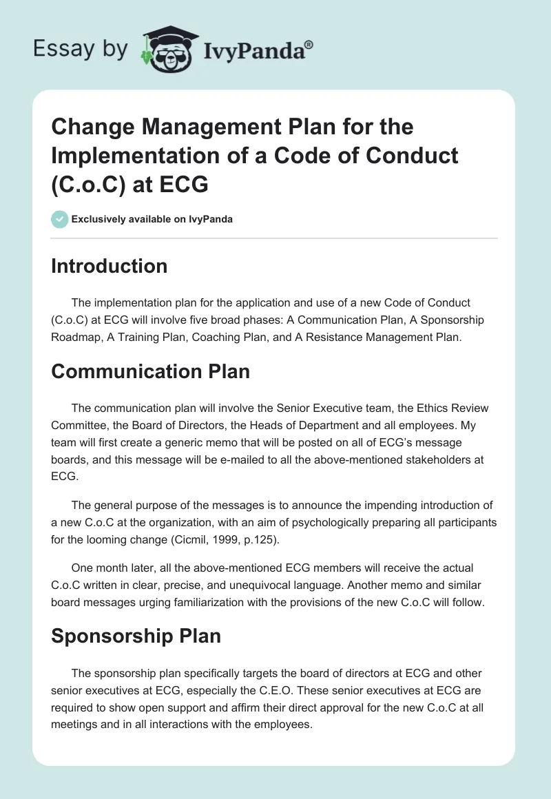 Change Management Plan for the Implementation of a Code of Conduct (C.o.C) at ECG. Page 1