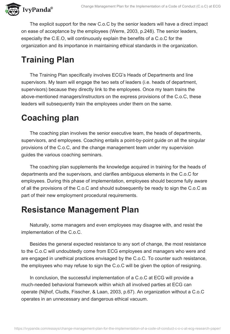 Change Management Plan for the Implementation of a Code of Conduct (C.o.C) at ECG. Page 2