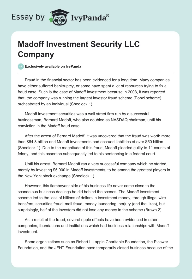 Madoff Investment Security LLC Company. Page 1