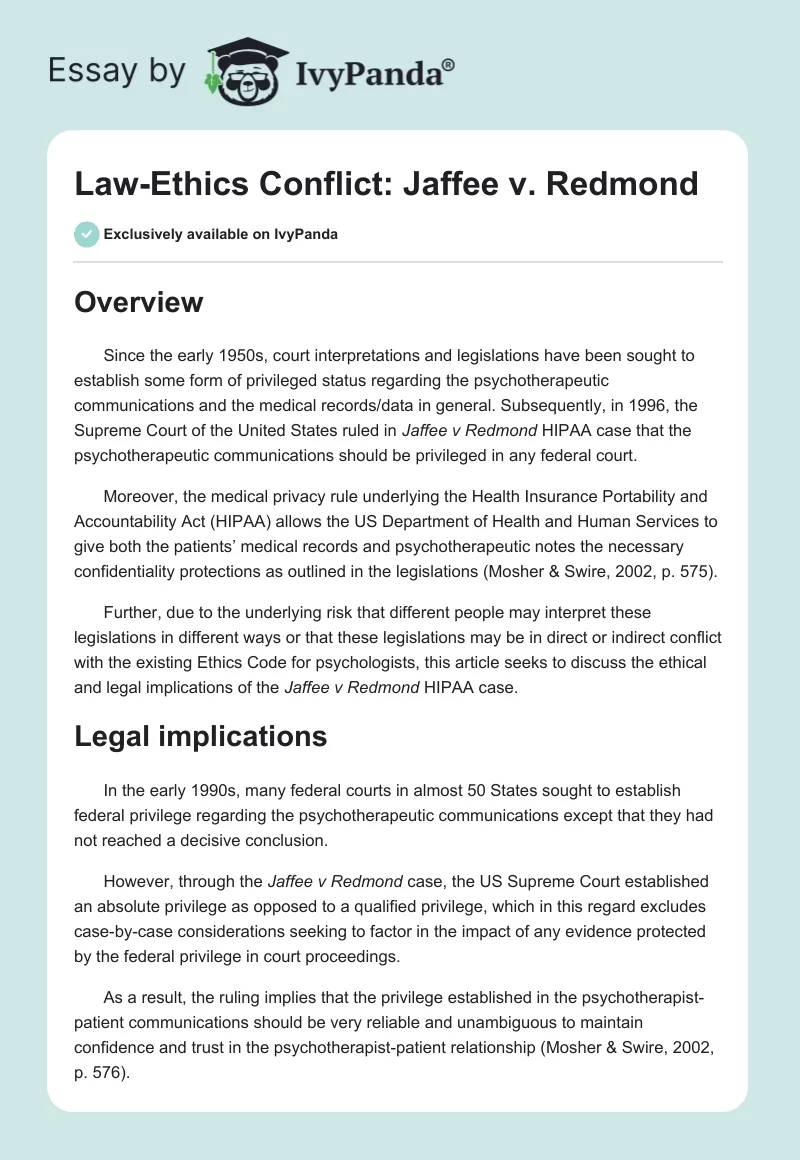 Law-Ethics Conflict: Jaffee vs. Redmond. Page 1
