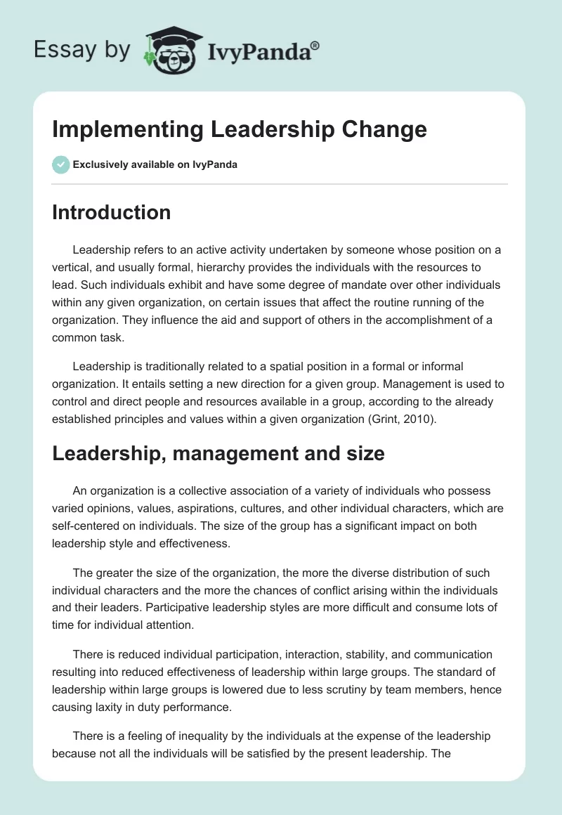 Implementing Leadership Change. Page 1