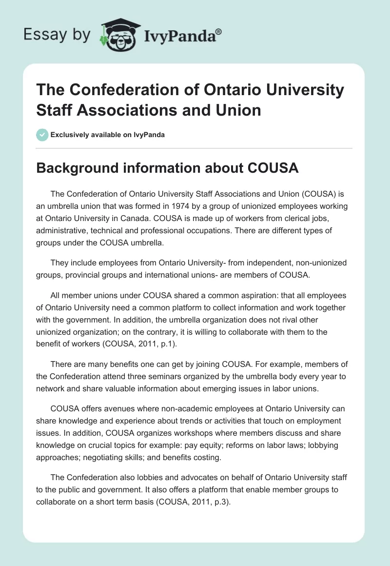 The Confederation of Ontario University Staff Associations and Union. Page 1