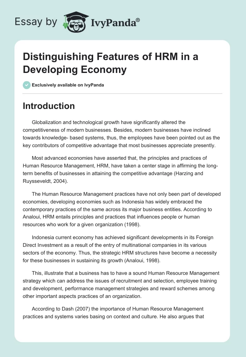 Distinguishing Features of HRM in a Developing Economy. Page 1