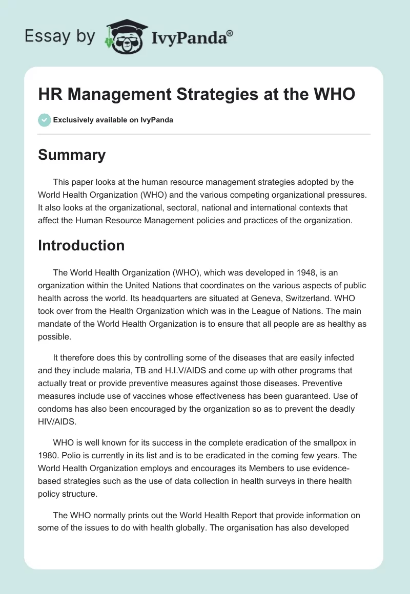 HR Management Strategies at the WHO. Page 1