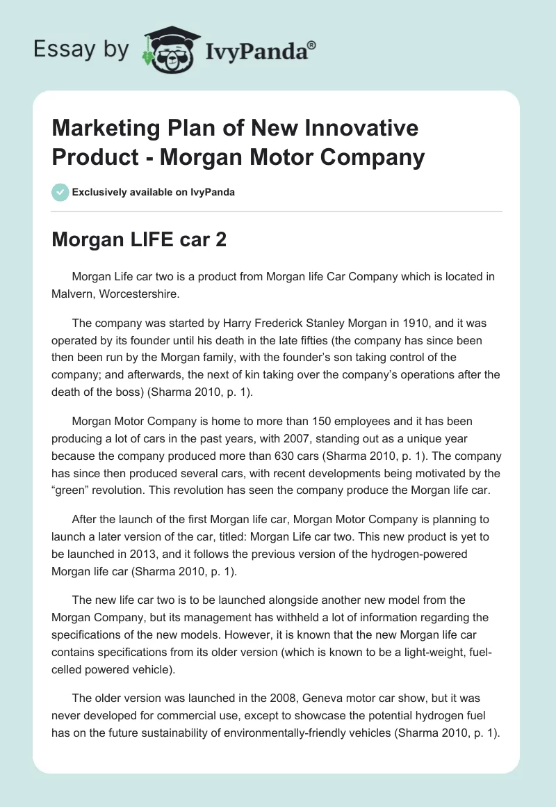 Marketing Plan of New Innovative Product - Morgan Motor Company. Page 1