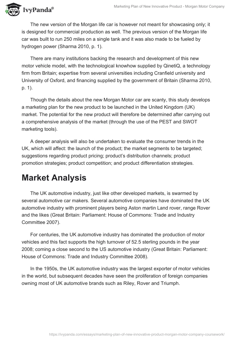 Marketing Plan of New Innovative Product - Morgan Motor Company. Page 2