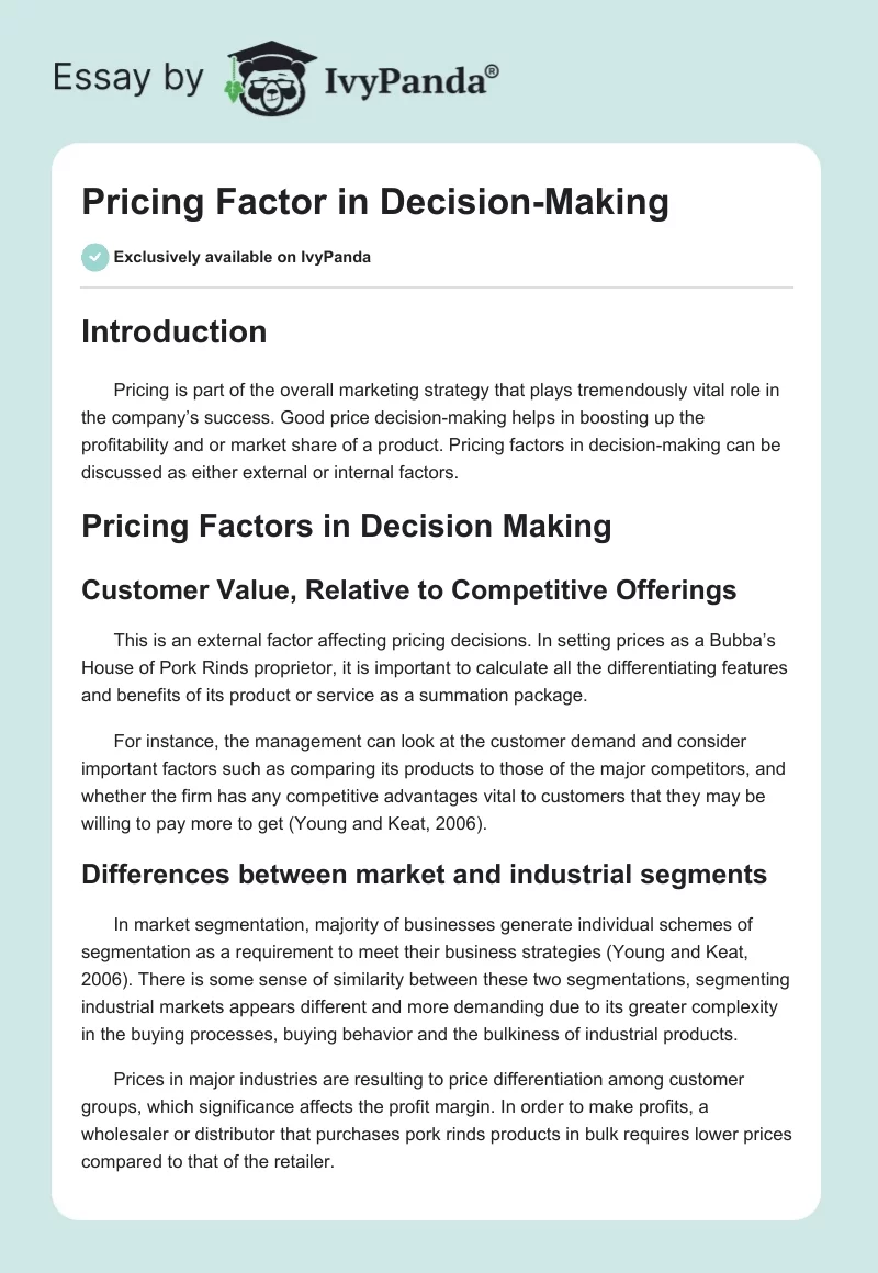 Pricing Factor in Decision-Making. Page 1