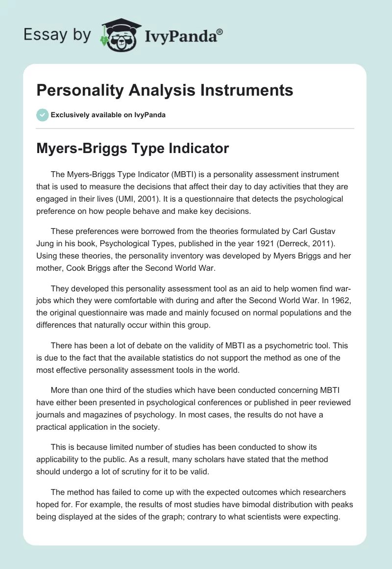 Personality Analysis Instruments. Page 1