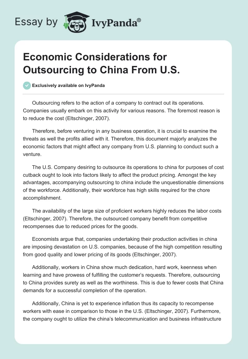 Economic Considerations for Outsourcing to China From U.S.. Page 1
